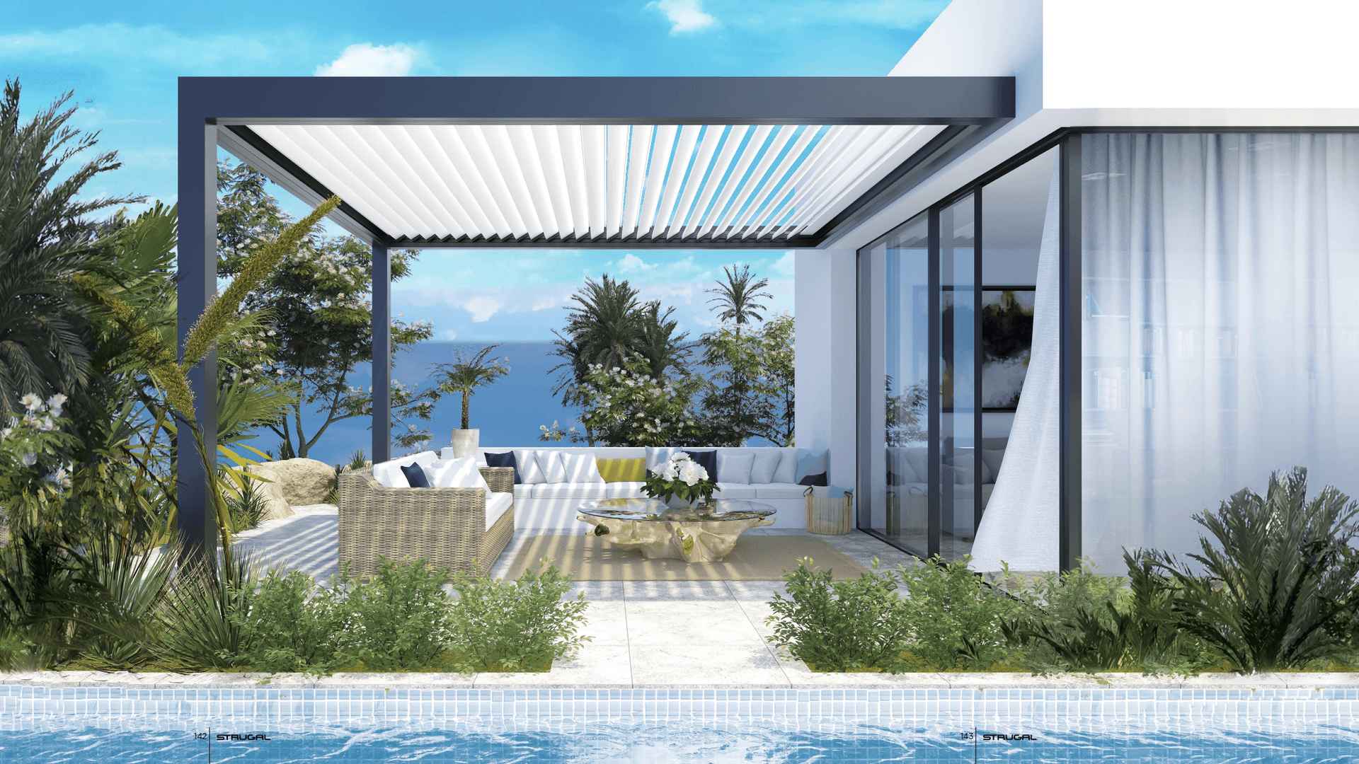 Pérgola bioclimática ST. LIBERTIA de STRUGAL instalada en zona exterior residencial